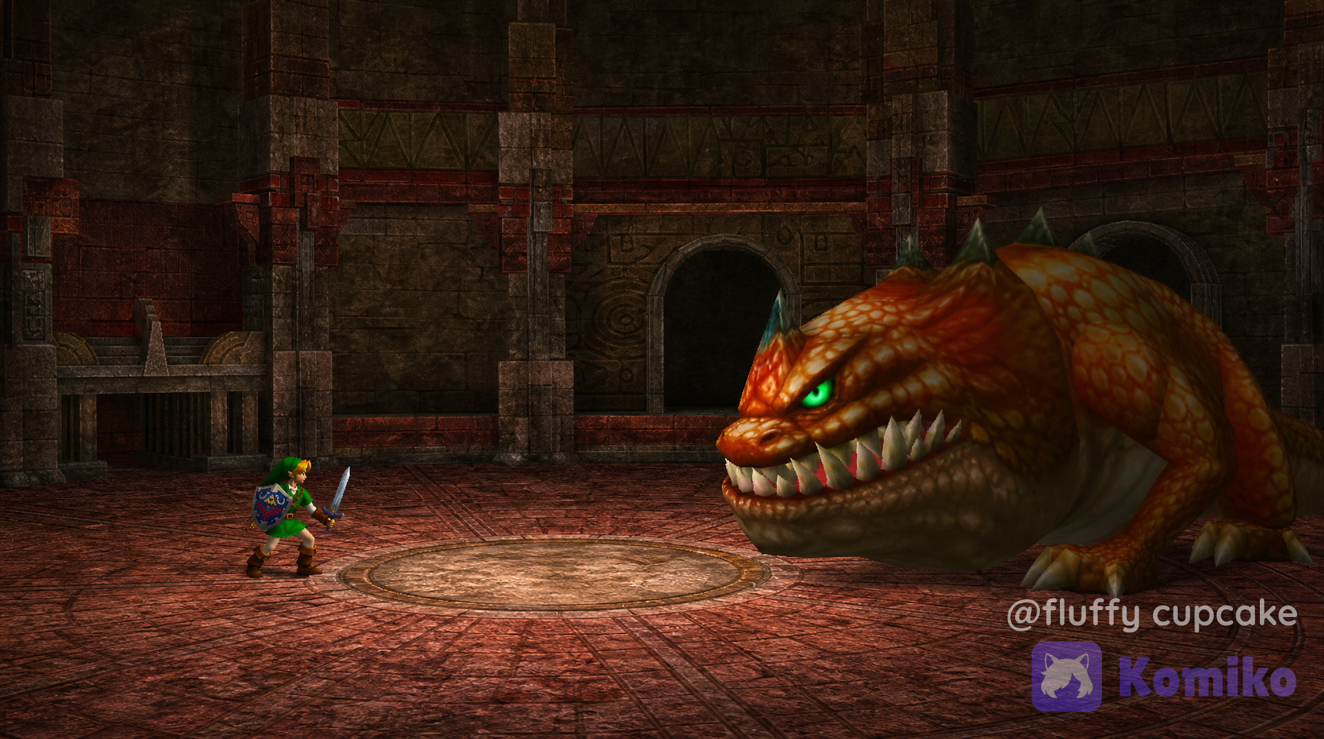 Create an image of The Ruined Hall from Super Smash Bros. Brawl with the scenery of the Goron Temple Hall and red stone floors and walls in Crait from Star Wars with textures from Ocarina of Time and replace Pokémon Trainer, Charizard and Galleom's models with Link and King Dodongo's models from Ocarina of Time.