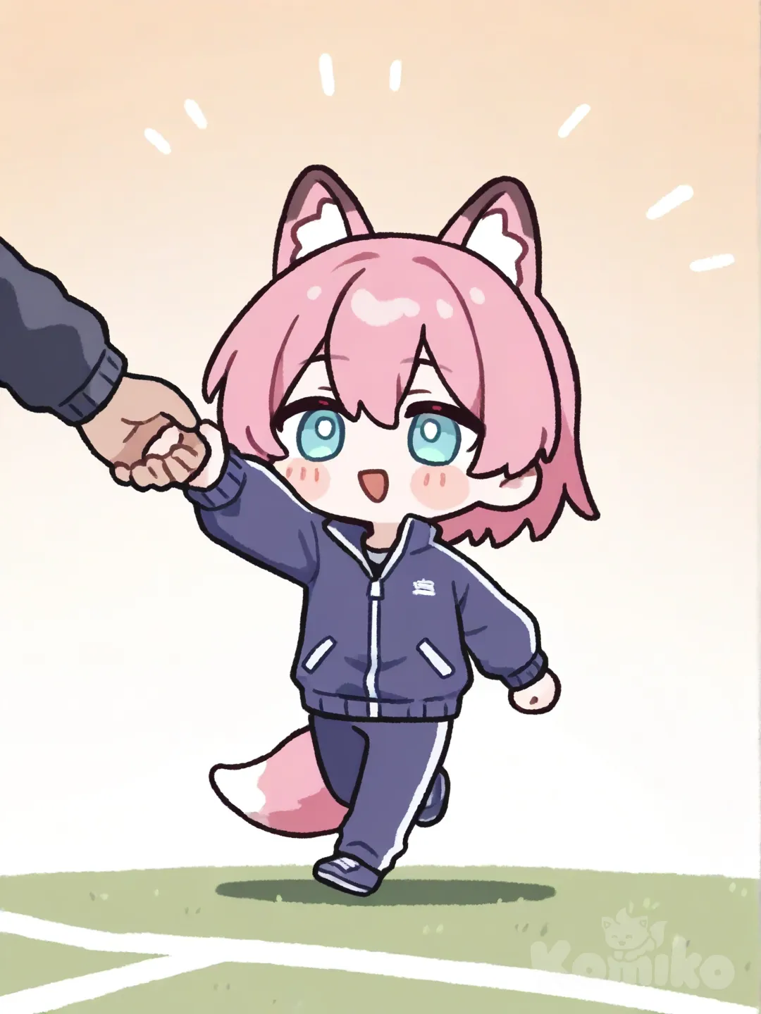[mini-chibi-style], fox ears, gradient, ，男孩子, holding hands, blush, track, tracksuit, cat ears, fuchsia, 1boy