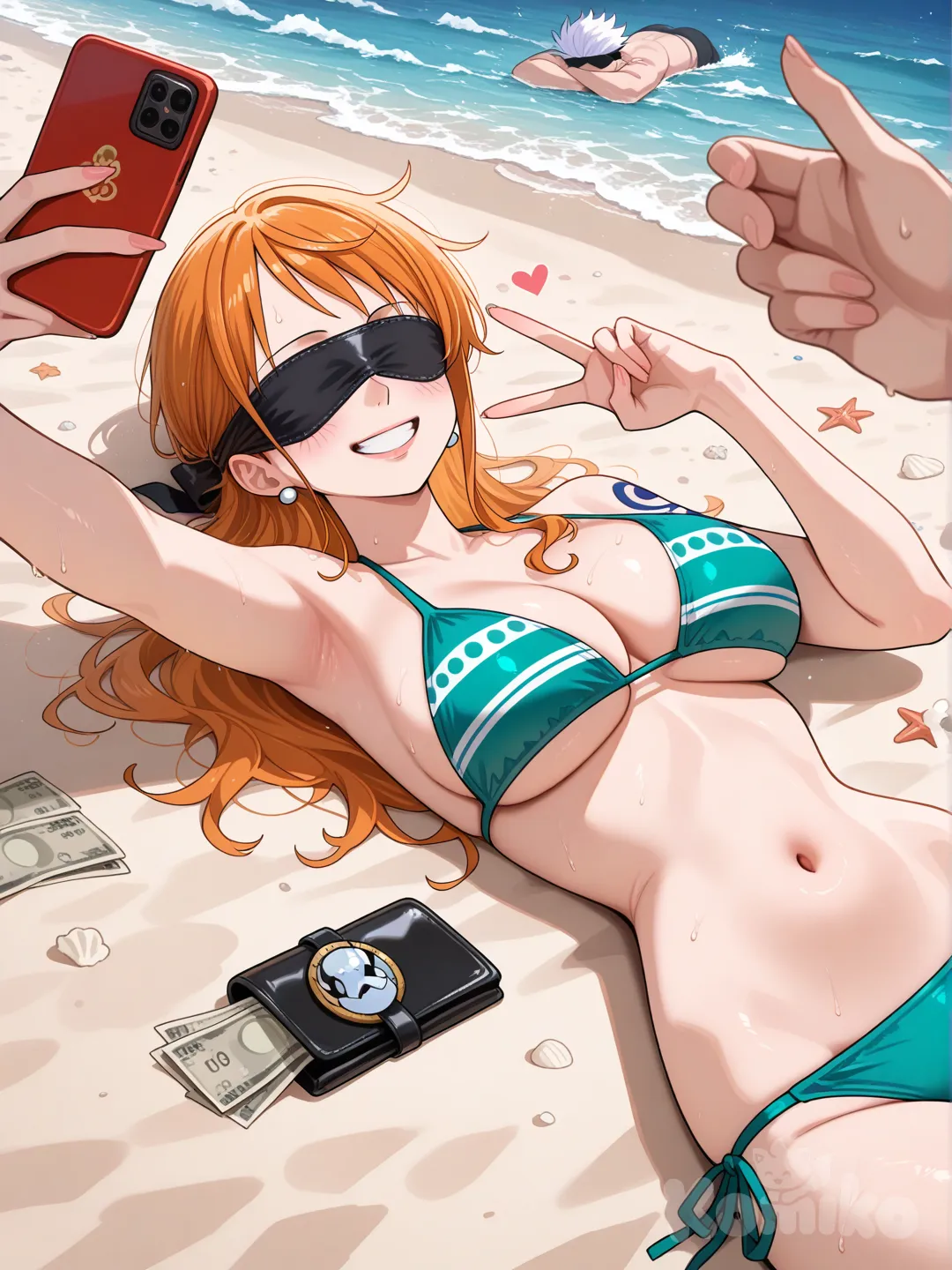 Nami_(One_Piece) rouba o dinheiro do Gojou_Satoru e tirando uma foto com as coisas dele