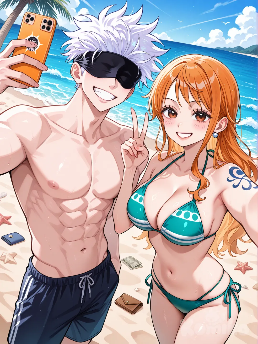 Gojou Satoru  tirando uma foto com a nami na praia