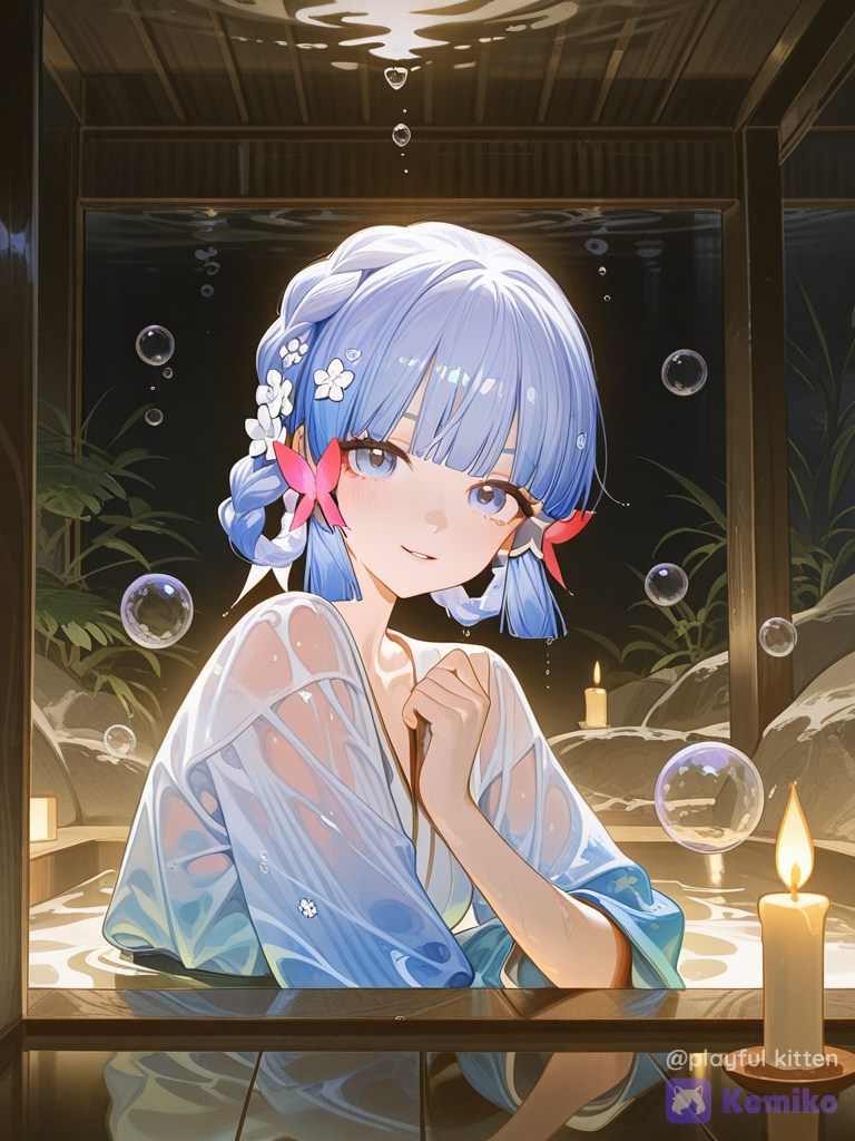 [high-gloss-illustration-style], smile, floating, soap bubbles, lace, kimono top, candlelight, aquarium onsen, @Kamisato_Ayaka_(Springbloom_Missive)