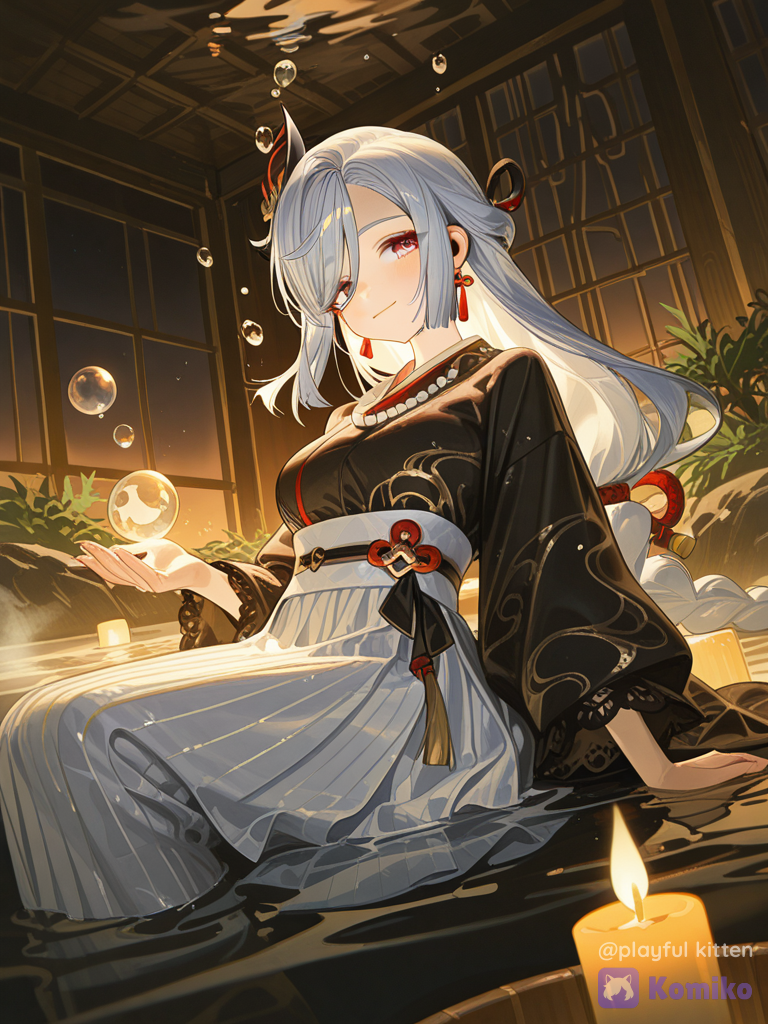[high-gloss-illustration-style], smile, floating, soap bubbles, lace, kimono top, candlelight, aquarium onsen, layer skirt, lolita outfit, jewelry, @Shenhe_(Genshin_Impact)