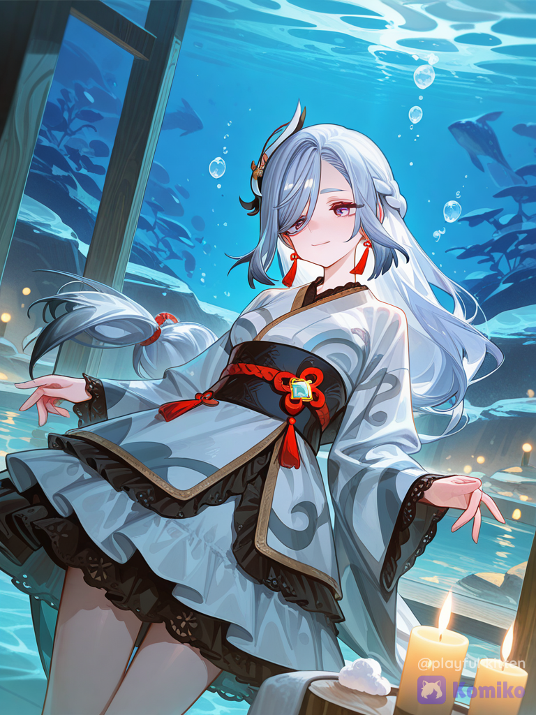 [high-gloss-illustration-style], smile, floating, soap bubbles, lace, kimono top, candlelight, aquarium onsen, layer skirt, lolita outfit, jewelry, @Shenhe_(Genshin_Impact)