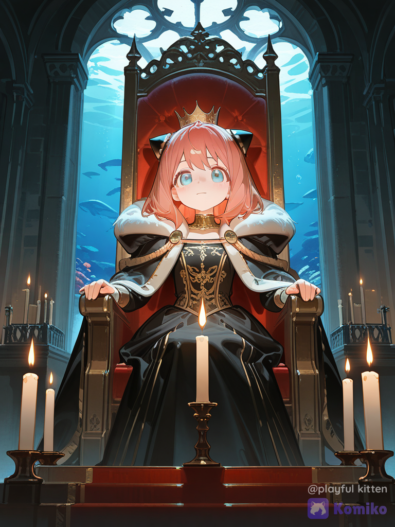 [high-gloss-illustration-style], 1girl, @Anya_(Spy_X_Family)_2, royal outfit, crown, upper body, candlelight, castle courtyard, aquarium, throne room, floating