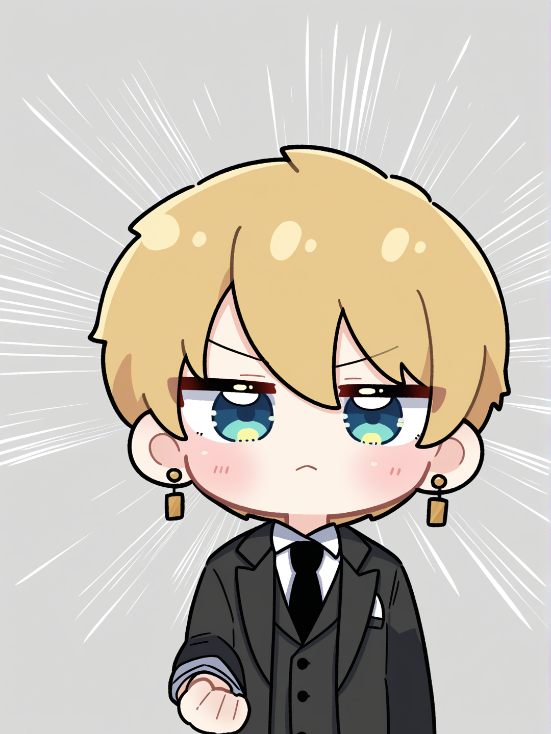 [shiny-eye-chibi-style], 1boy, teenager, short, brown hair, blonde hair, short hair, green eyes, blue eyes, pale skin, fair skin, tuxedo, mechanical watch, tie, earrings