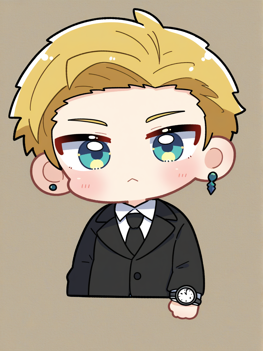 [shiny-eye-chibi-style], 1boy, teenager, short, brown hair, blonde hair, short hair, green eyes, blue eyes, pale skin, fair skin, tuxedo, mechanical watch, tie, earrings