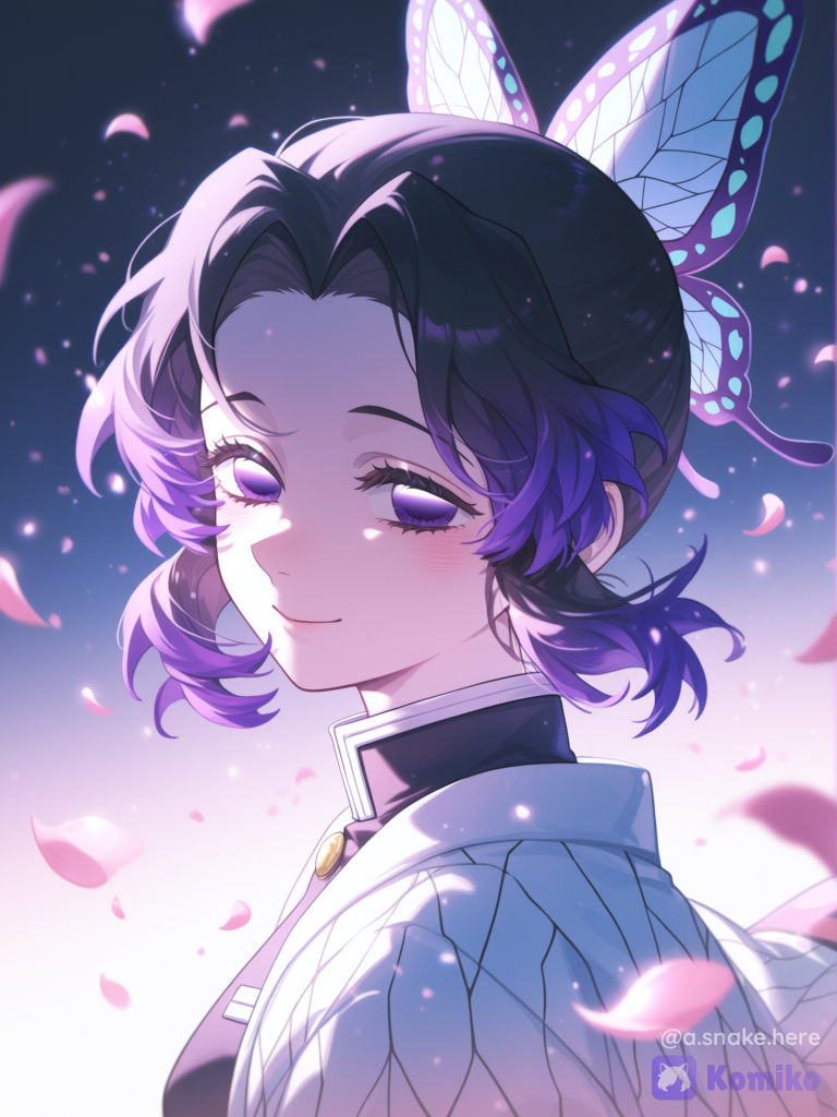 @Kochou_Shinobu, [dreamy-haze-style], dreamy, closed mouth smile, portrait, rim light, ethereal lighting, flickering light, glowing particles, side light, gradient background