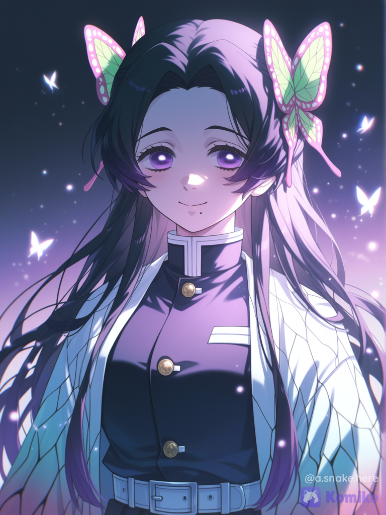[dreamy-haze-style], dreamy, closed mouth smile, portrait, rim light, ethereal lighting, flickering light, glowing particles, side light, gradient background, @Kochou_Kanae