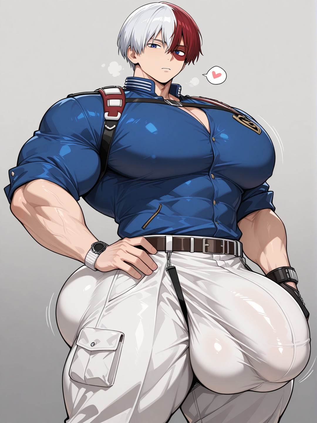 Todoroki Shouto with massive pecs, a monstrously big #NSFW bulge in pants, and monstrously big balls, and giant ass #NSFW