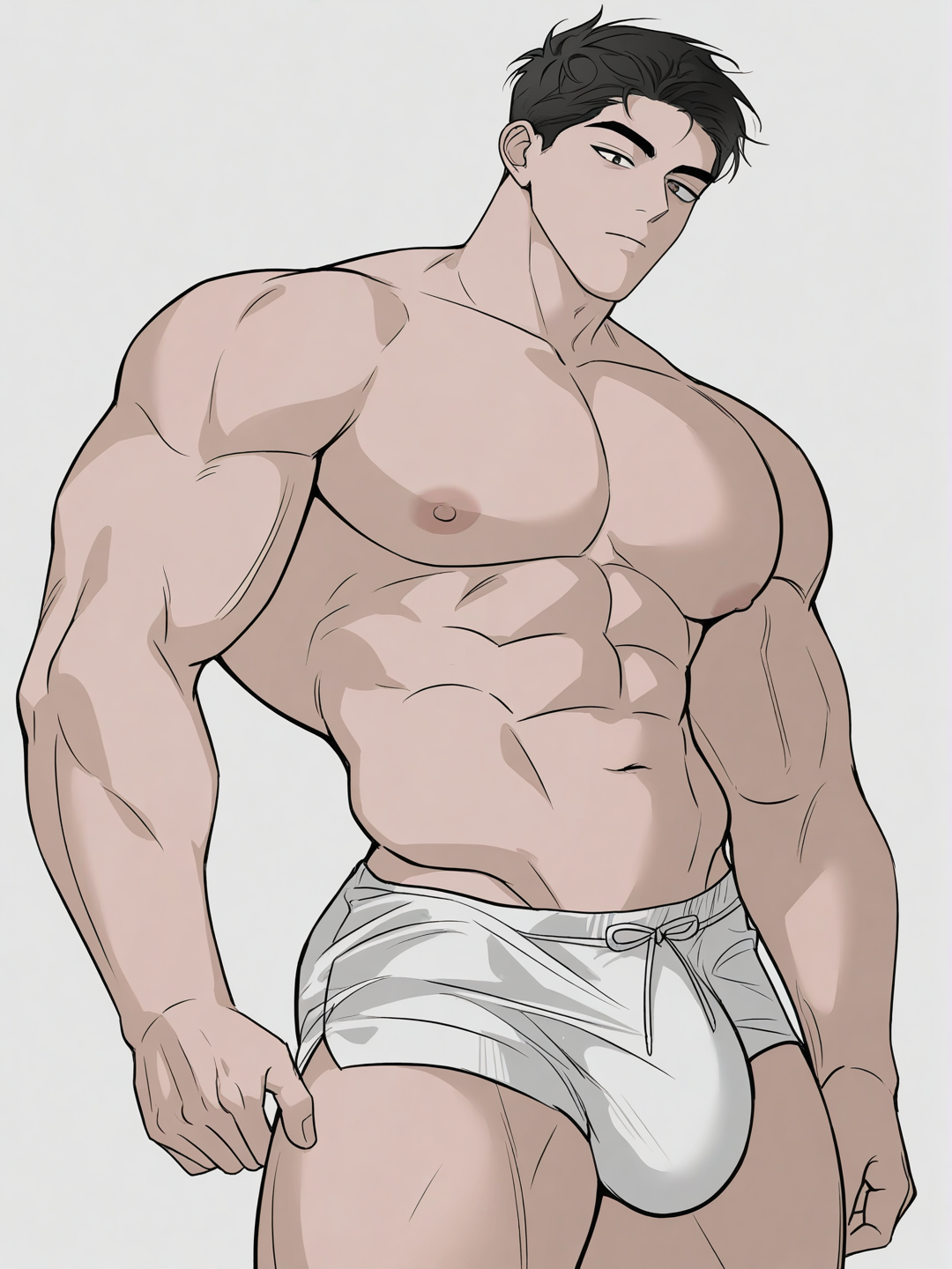 [muscular-manhwa-style] #NSFW 1 male bara himbo with massive man boobs, a monstrously massive thick cock visible his pants, monstrously big balls, and giant ass #NSFW