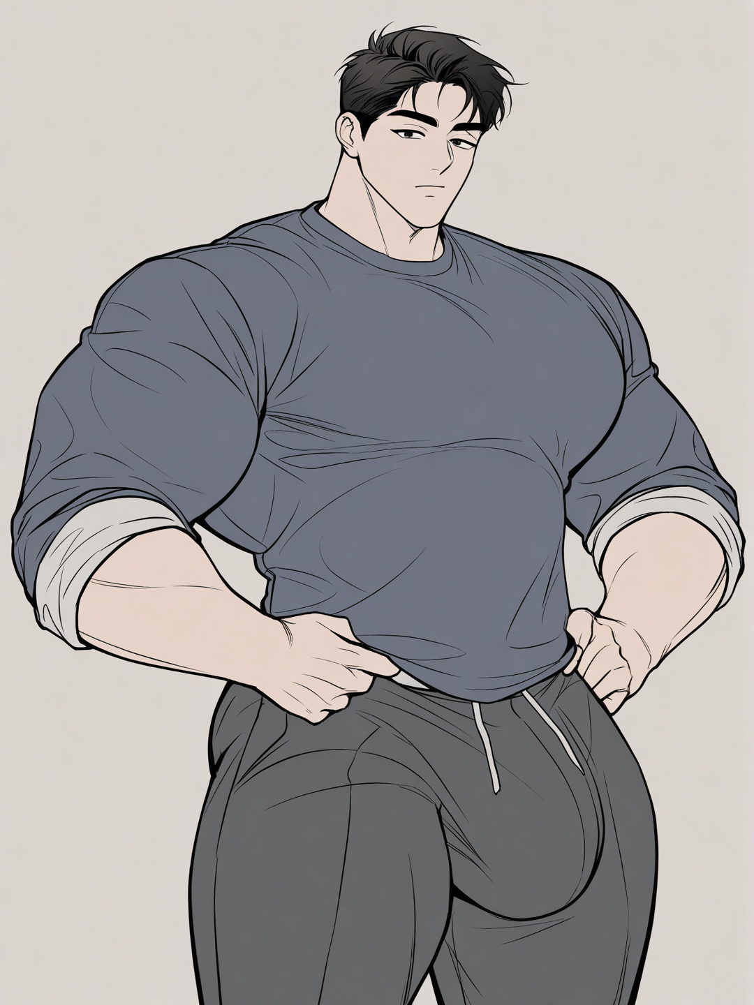 [muscular-manhwa-style] #NSFW 1 male bara himbo with massive man boobs, a monstrously unrealistically massive thick cock visible his pants, monstrously big balls, and giant ass #NSFW