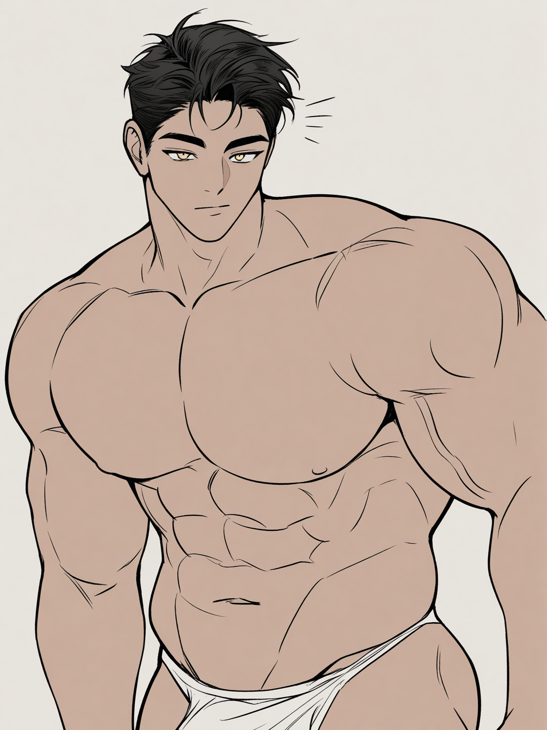 [muscular-manhwa-style] #NSFW 1 male bara himbo with massive man boobs, a monstrously unrealistically massive thick cock visible his pants, monstrously big balls, and giant ass #NSFW