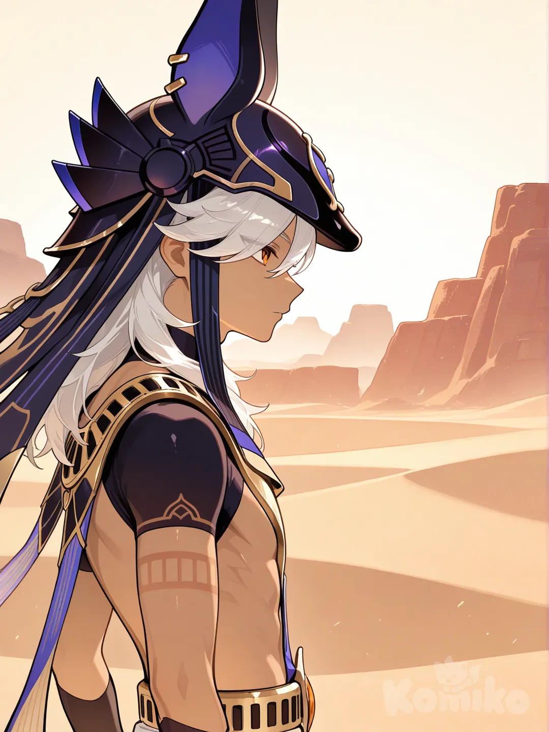 @Cyno_(Genshin_Impact), looking away, side profile photo, desert