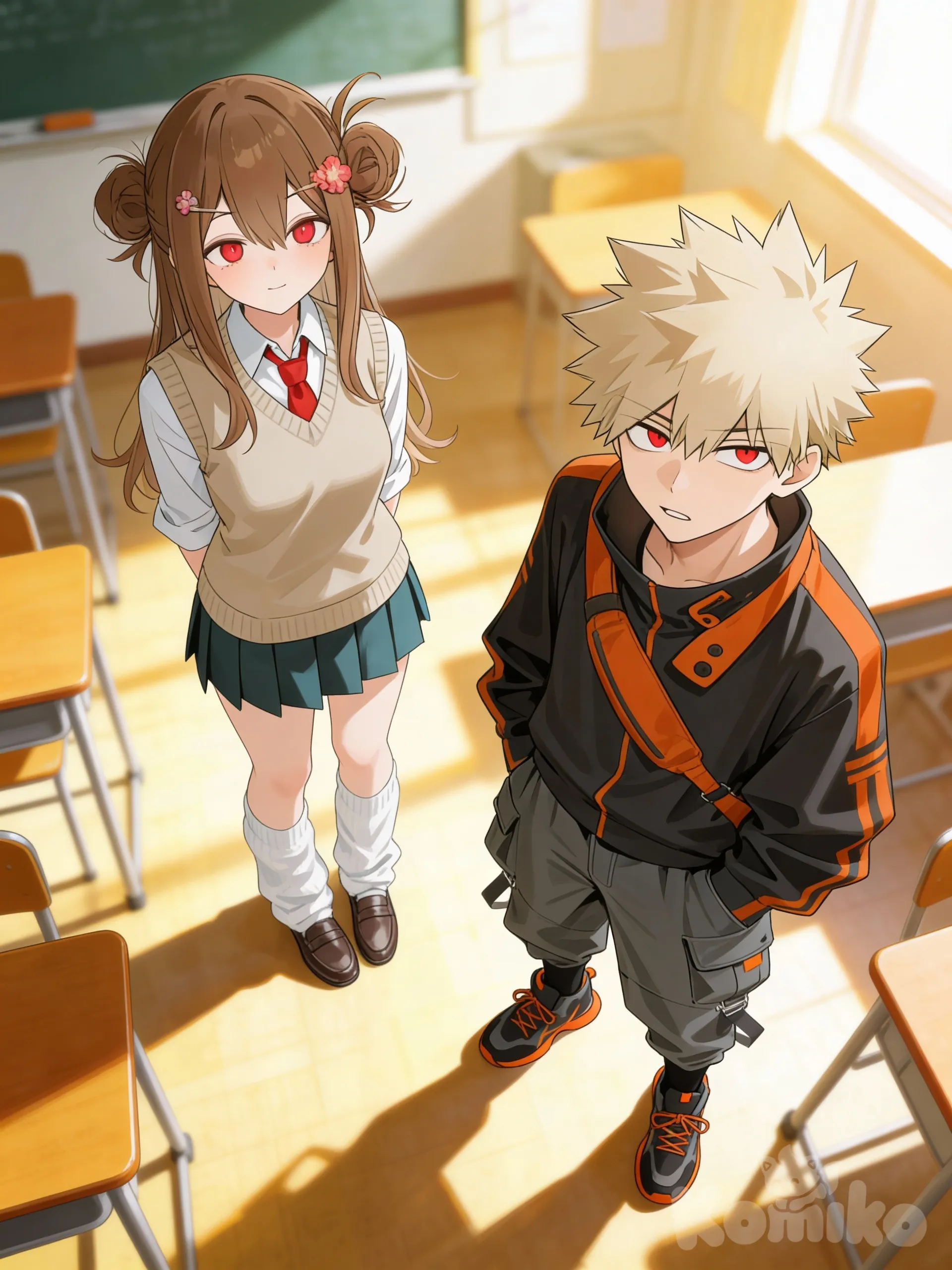 @harumi-VAlx, full body, blurred background, looking at viewer, bird's-eye view, cinematic lighting, day, classroom, @Bakugou_Katsuki, 1boy, 1girl, 2people