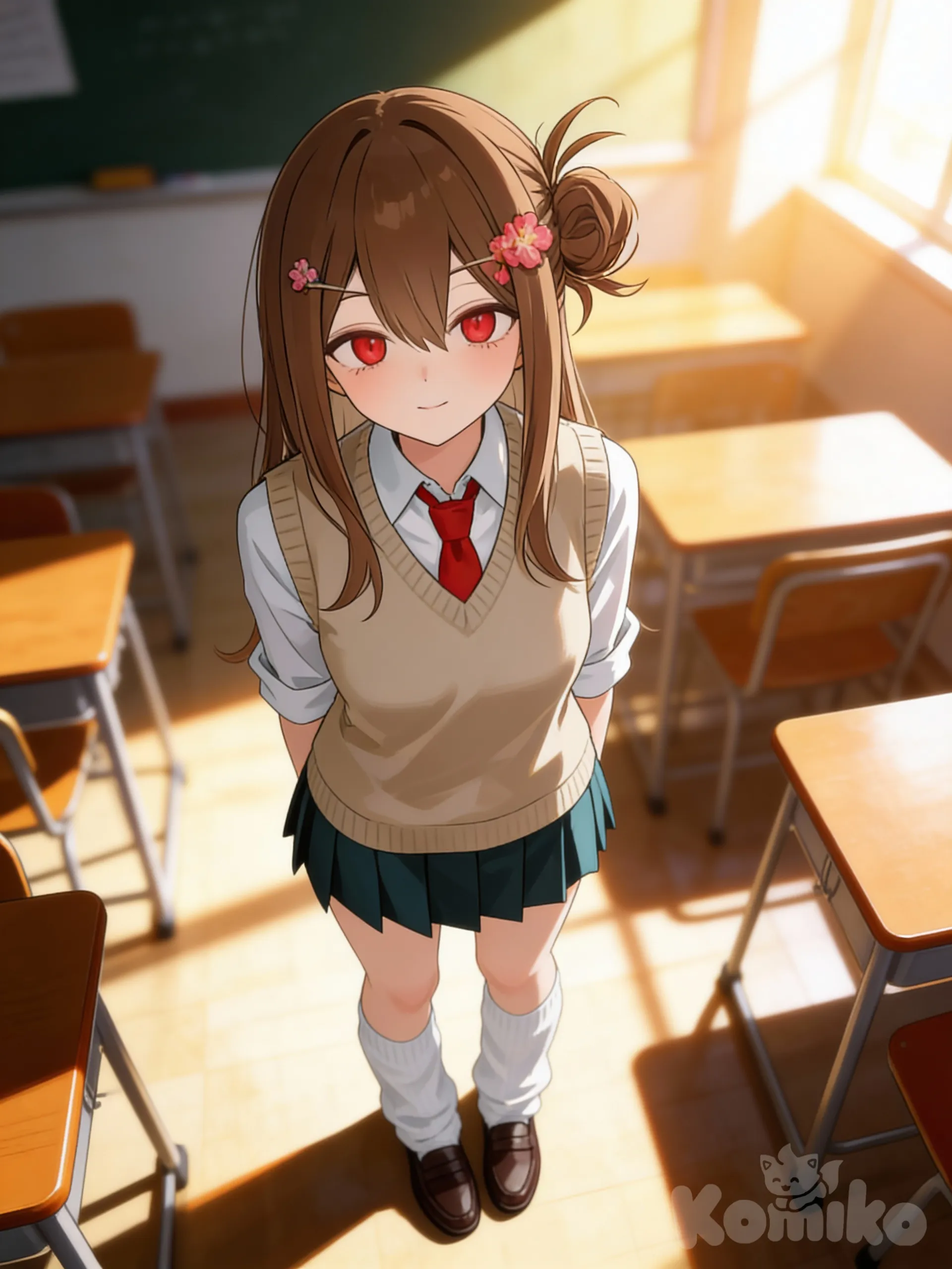 @harumi-VAlx, full body, blurred background, looking at viewer, bird's-eye view, cinematic lighting, day, classroom, 1girl