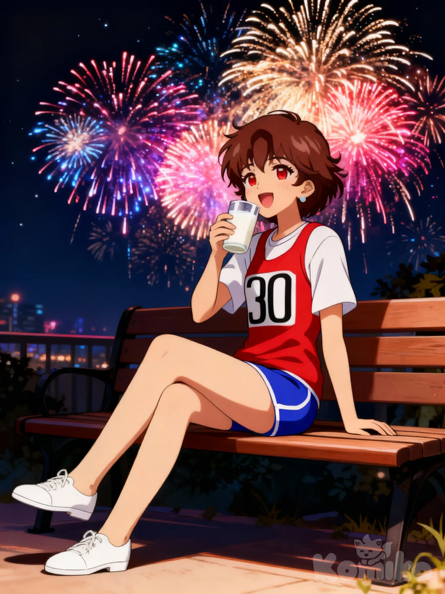 chica anime mediana de cabello gris csataño corto alborotado de flequillo ojos rojizos, piel clara y mirada dulce de sonrisa de boca abierta energetica alegre vestida de playera manga corta blanca sobre playera sin mangas rojas y un cartel blanco con un numero 30 de nehro shorts deportivos azules con borde blanco en el costado y en el borde de las mangas con calzado femenino elegante blanco de punta, empalme curvo y taco bajo sentada con una pierna cruzada elegante bebiendo leche en una banca de noche en año nuevo con fuegos de artificio colorido