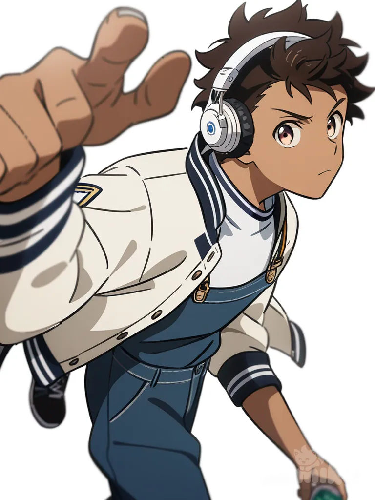 1boy, anime coloring, teenager, athletic, brown hair, brown eyes, tan skin, varsity jacket, overalls, quartz watch, headphones, single character, full body, looking at viewer, anime style, simple background, white background