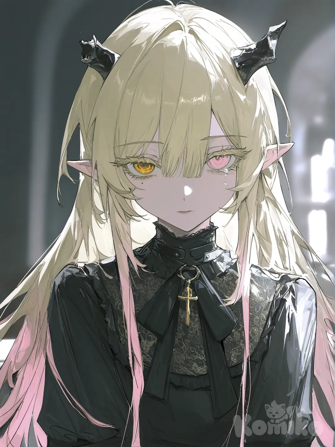 1girl, solo, facing_viewer, pale_skin, pink_eyes, gold_eyes, heterochromia, long_eyelashes, colored_eyelashes, mole_under_eye, tears, expressionless, blonde_hair, pink_hair, split-colored_hair, gradient_hair, very_long_hair, asymmetrical_bangs, hair_between_eyes, hair_censor, tied_to_cross, greek_clothing, torn_clothes, pannier, lace_trim, broken_horns, backlighting, symmetrical_composition, upper_body, pointed_ears, gothic_lolita, fallen_angel, dusk, sunlight, dramatic_lighting, blurred_background, depth_of_field, atmospheric, [desaturated-illustration-style]