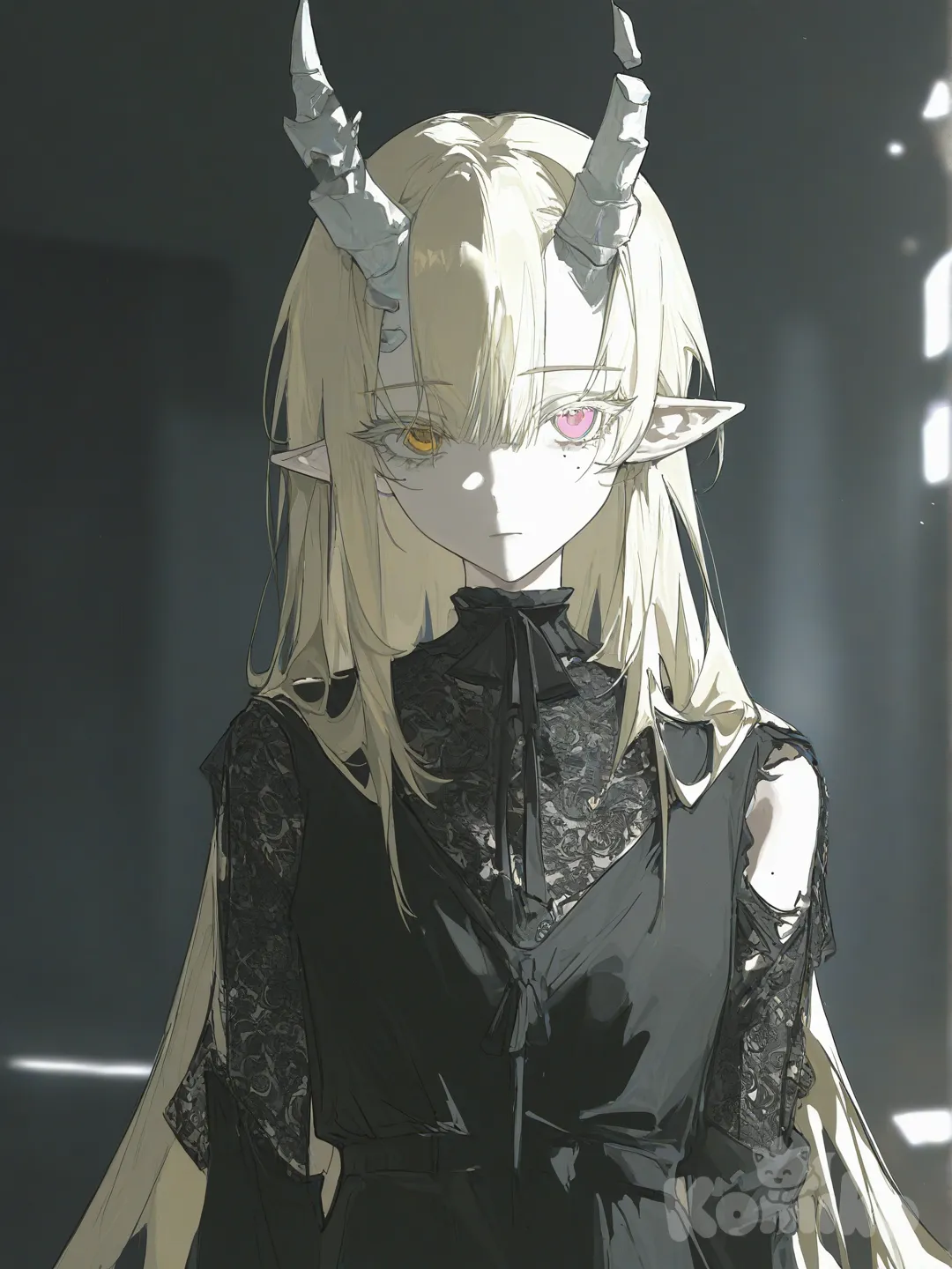 1girl, solo, facing_viewer, pale_skin, pink_eyes, gold_eyes, heterochromia, long_eyelashes, colored_eyelashes, mole_under_eye, tears, expressionless, blonde_hair, pink_hair, split-colored_hair, gradient_hair, very_long_hair, asymmetrical_bangs, hair_between_eyes, hair_censor, tied_to_cross, greek_clothing, torn_clothes, pannier, lace_trim, broken_horns, backlighting, symmetrical_composition, upper_body, pointed_ears, gothic_lolita, fallen_angel, dusk, sunlight, dramatic_lighting, blurred_background, depth_of_field, atmospheric, [desaturated-illustration-style]