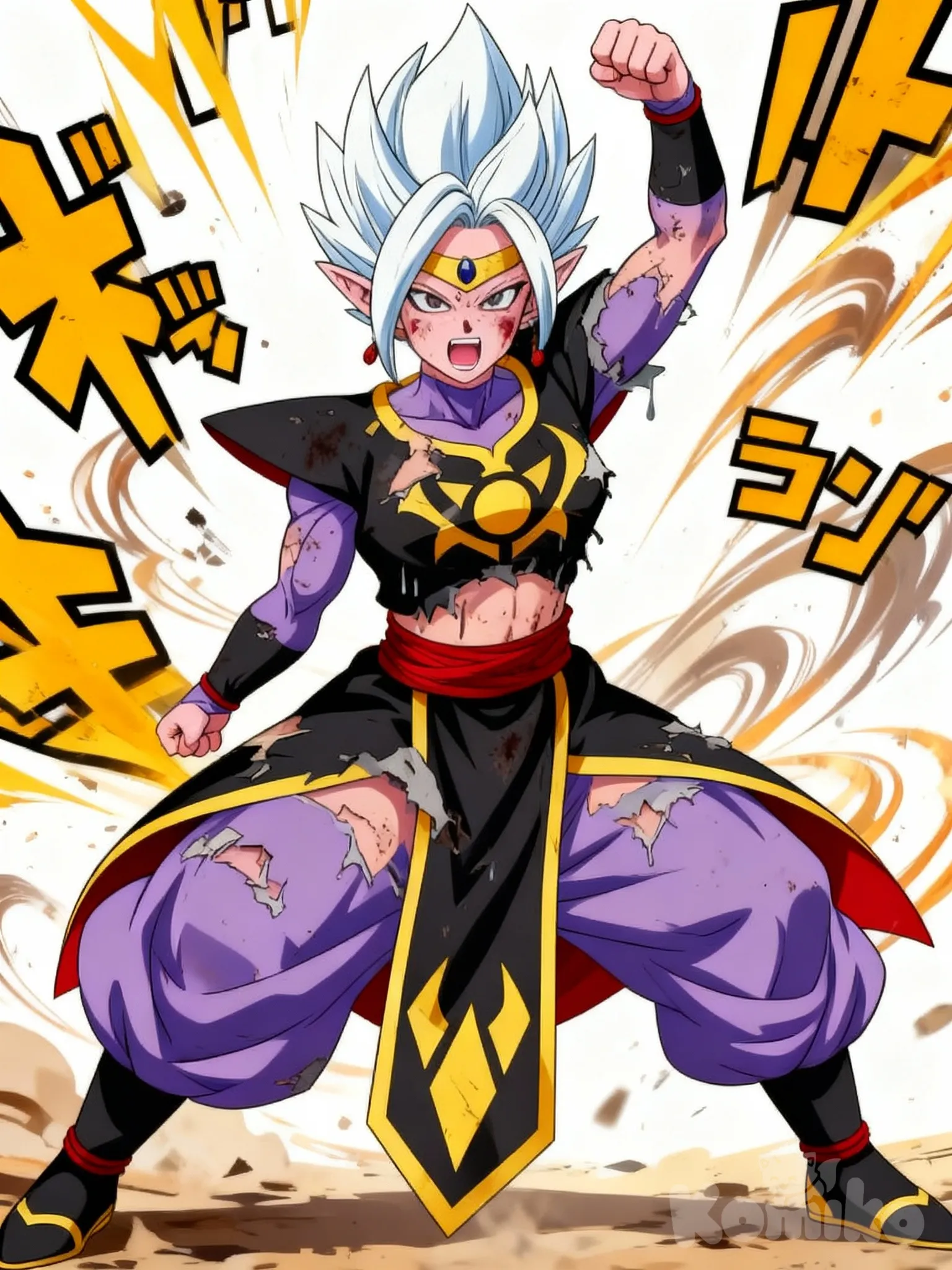 Female Kai with light pink/lavender skin, spiky white-blue hair swept upward in Super Saiyan style, pointed elf-like ears, golden headband with blue gem on forehead, red drop earrings. Wearing a black and gold battle outfit with yellow circular emblem on chest, purple sleeves, red sash around waist, puffy lavender pants, black boots with gold trim. Battle-damaged appearance: outfit torn and tattered across the torso and arms, fabric ripped exposing skin, scratches and dirt marks on face and body. Dynamic fighting pose with one fist raised and clenched, other arm lowered, intense determined expression with gritted teeth, muscular tension visible. Standing in aggressive combat stance, legs apart, ready to fight. Anime art style, Dragon Ball aesthetic, Japanese text effects in background.
