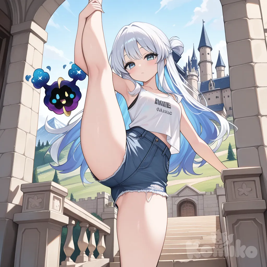 (:1.2), 1girl, solo, standing_split, long_hair, white_sleeveless_tank_top, blue_denim_shorts, looking_at_viewer, castle, @Cosmog