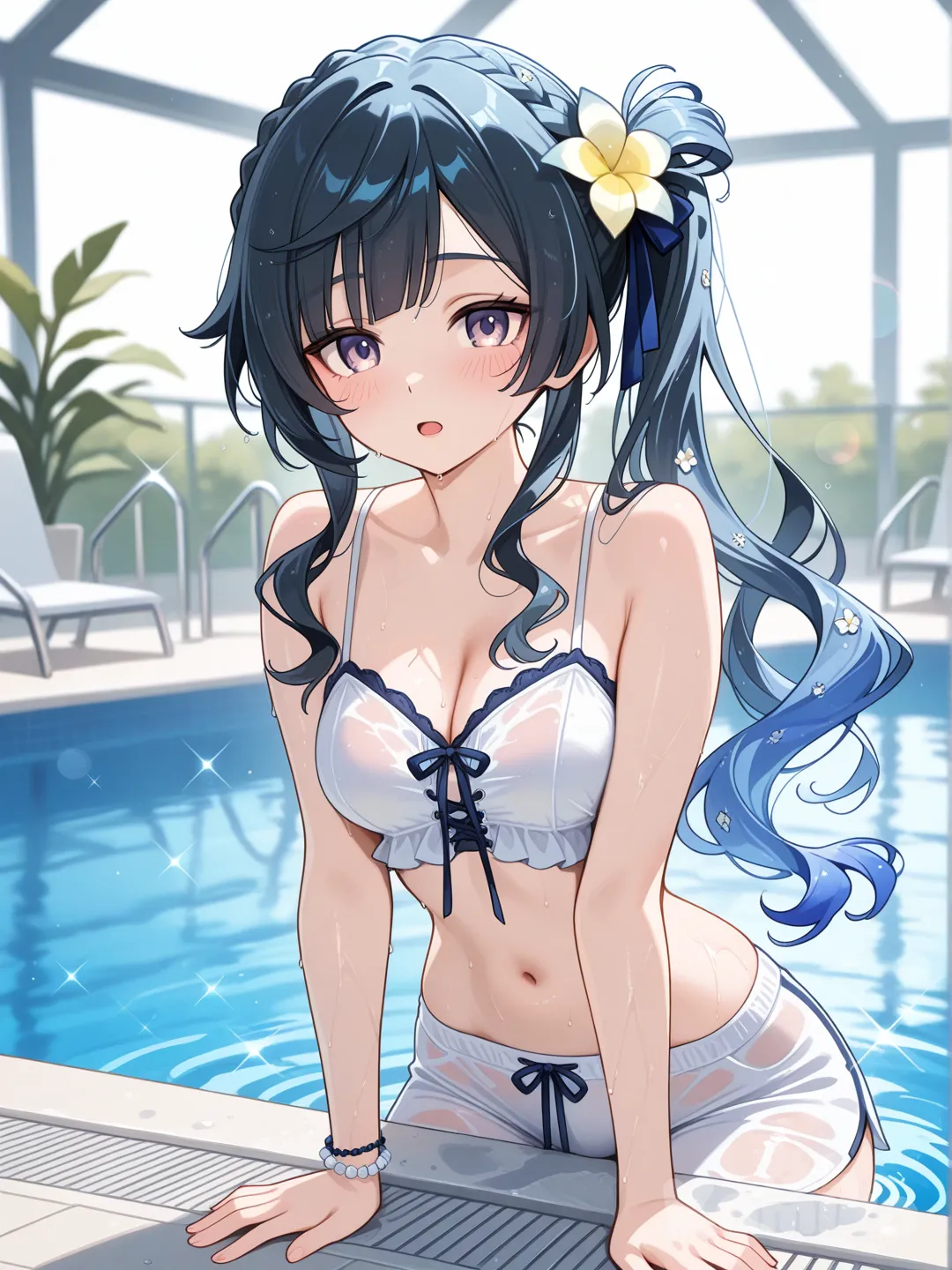 yuki setsuna, crown braid, side ponytail, stomach, cross-laced clothes, hands on ground, wavy hair, blurry, :o, plumeria, light rays, blue ribbon, poolside, spaghetti strap, alternate hairstyle, bead bracelet, bracelet, pool, blunt bangs, single sidelock, hair flower, wet, lens flare, beads, @Ganyu_(Genshin_Impact)