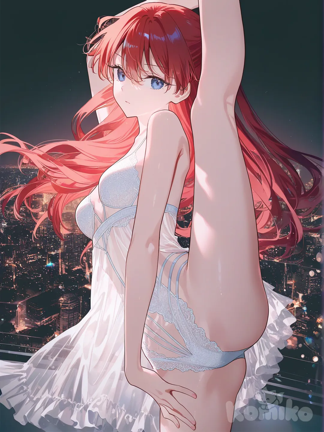 @Souryuu_Asuka_Langley, [iridescent-style], expressionless, skyscraper穿着白色透明蕾丝边情趣内衣，单脚站立，劈叉，手摸裆部。