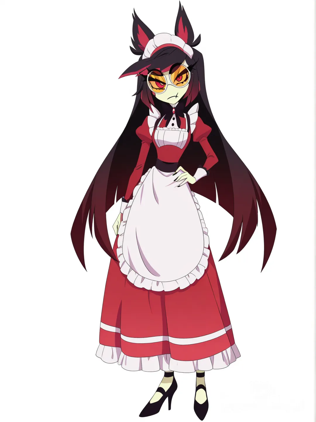 [pop-anime-style] 1girl, hazbin hotel style, short, four eyes, circular glasses, long hair, black hair, dark red hair, pale yellow skin, red maid outfit, solo, full body, looking at viewer, simple background, white background