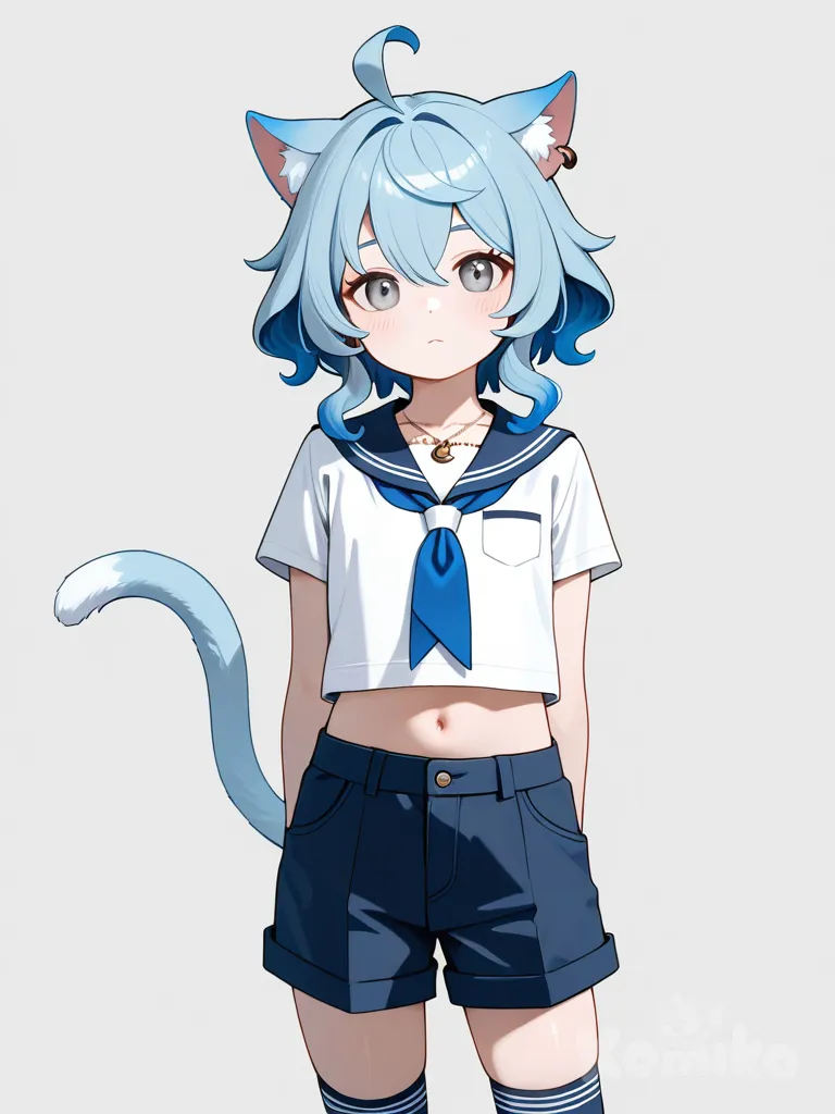 1girl, genshin impact style, teenager, tall, slim, long_hair, blue_hair, grey_eyes, fair_skin, bohemian_shirt, cargo_pants, school_uniform, lace, earrings, necklace, knee_high_socks, cat_ears, cat_tail, single_character, full_body, looking_at_viewer, simple_background, white_background