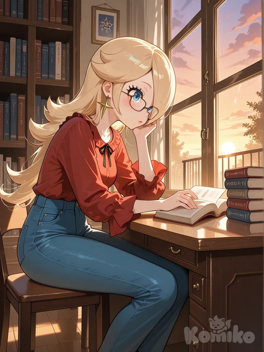 Rosalina, casual clothes, red blouse and blue jeans, sitting in front of a desk, library, reading a book, reading glasses, sunset reflected in the window.