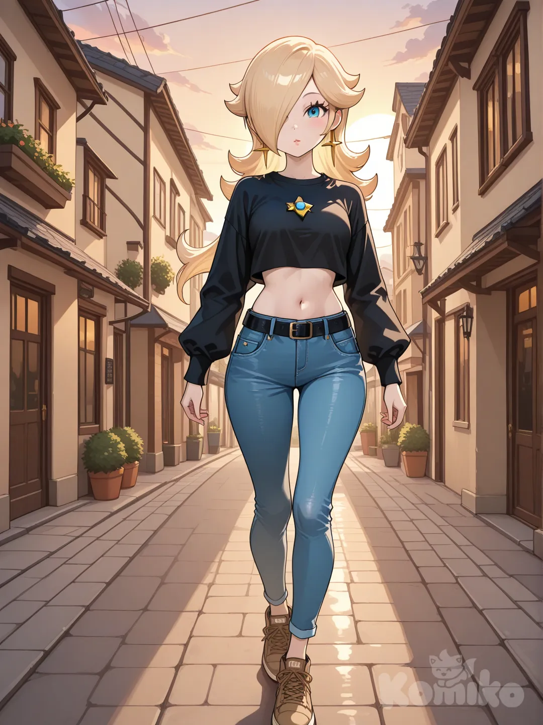 Rosalina, wearing a black t-shirt with a short view of her lower abdomen, blue jeans with a black belt, and brown sneakers, walking towards the camera, with a neighborhood of one-story houses in the background, and a beautiful