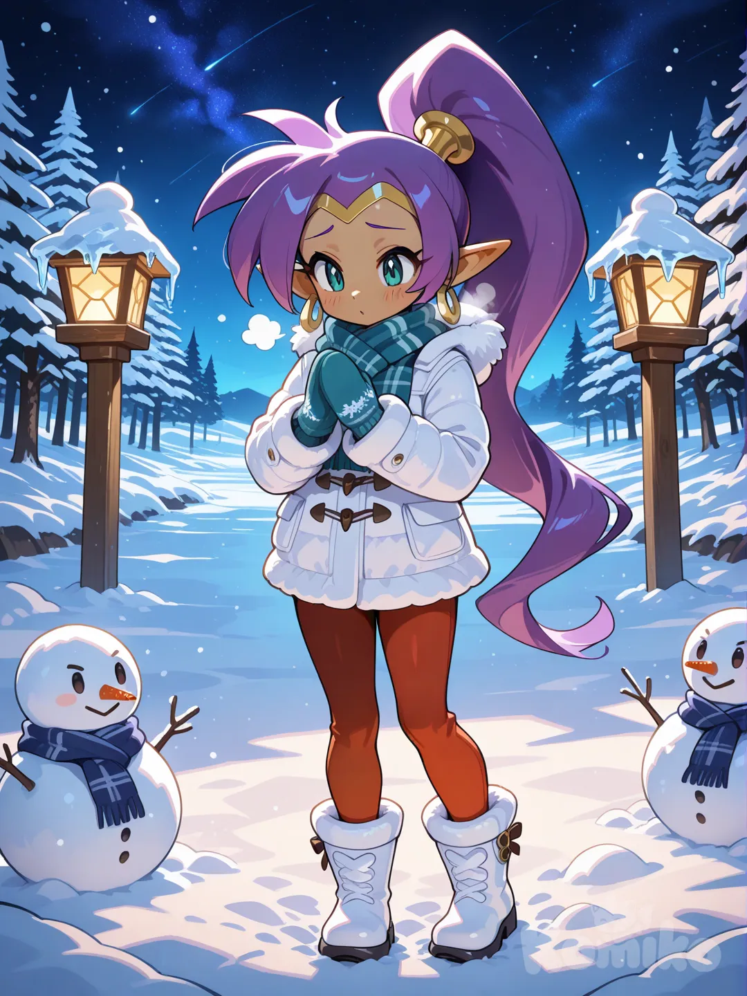 Shantae, winter clothes, frozen area, snowmen, starry sky, warm lights, rubbing her hands together.