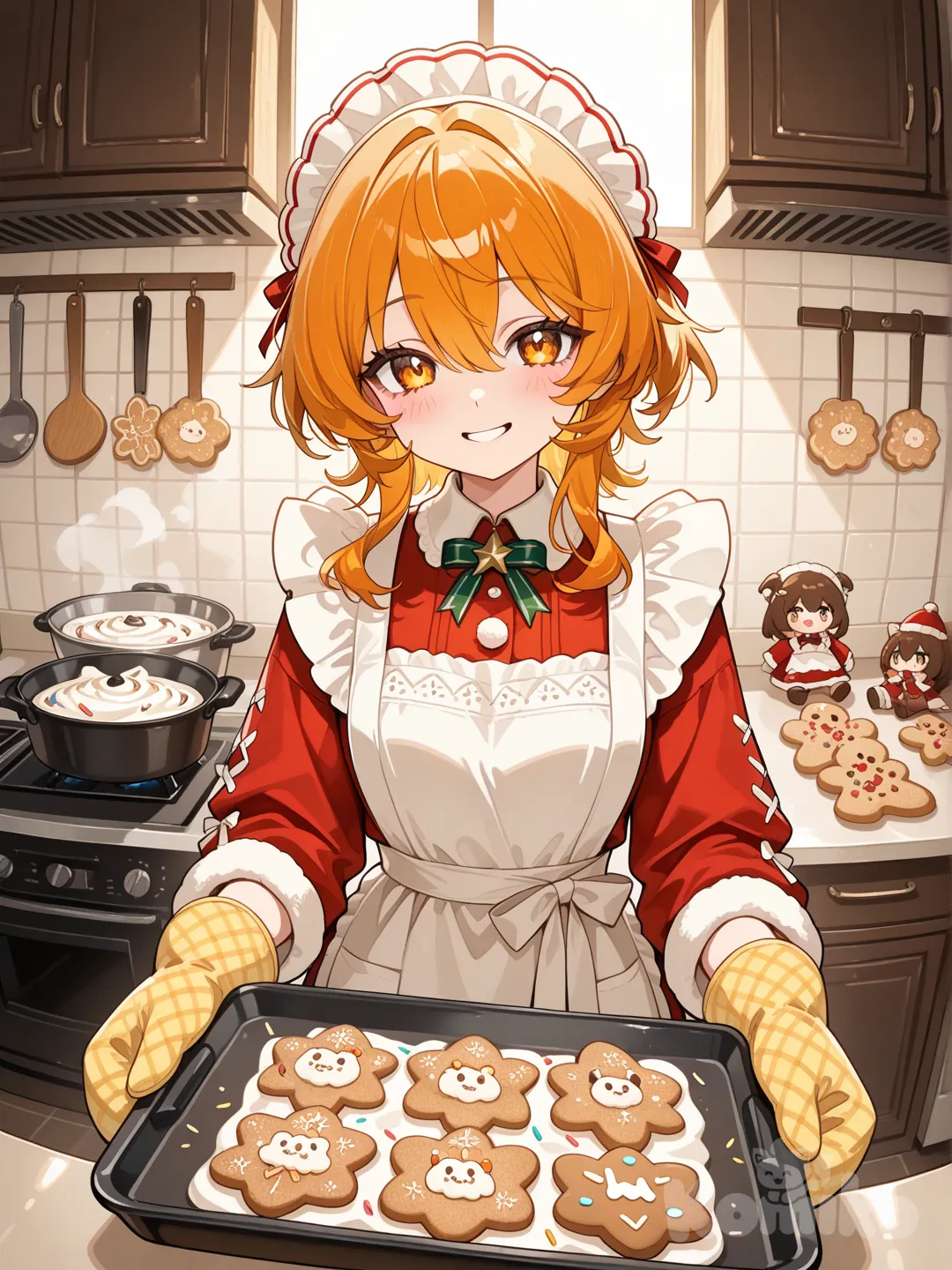 Beautiful woman, cooking, Christmas cookies, fresh out of the oven, decorated
