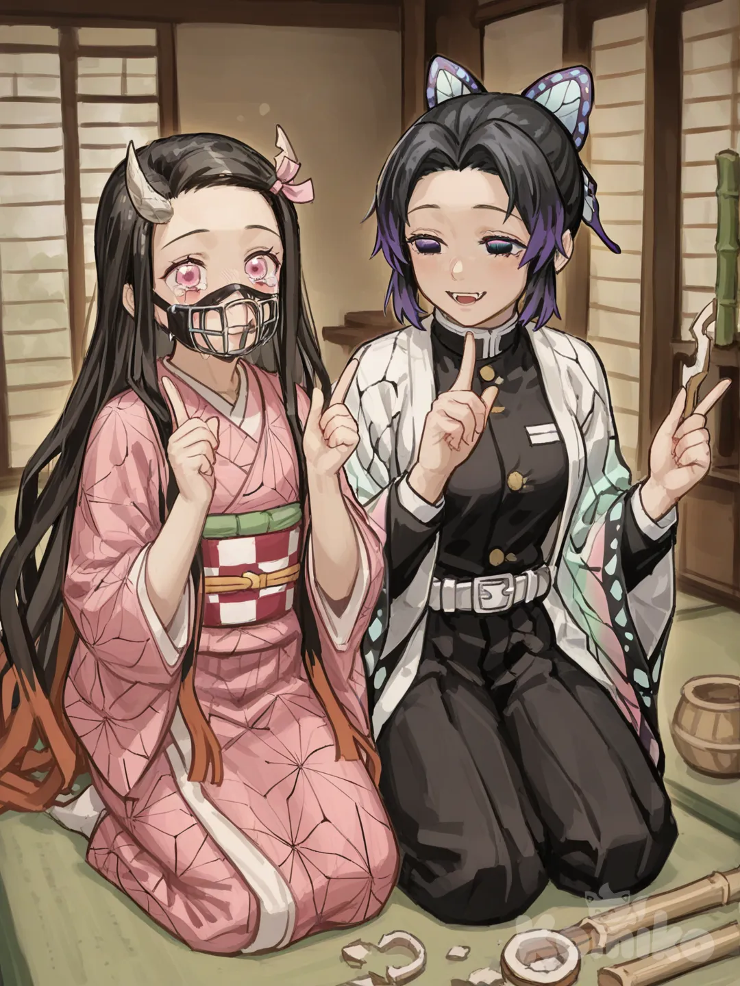 Kochou Shinobu ocurriendosele una idea levantando el dedo mientras Kamado Nezuko llora por su Bamboo roto, dentro de una mansión japonésa de tatamis, ambas están sentadas de rodillas [soft-painterly-style]