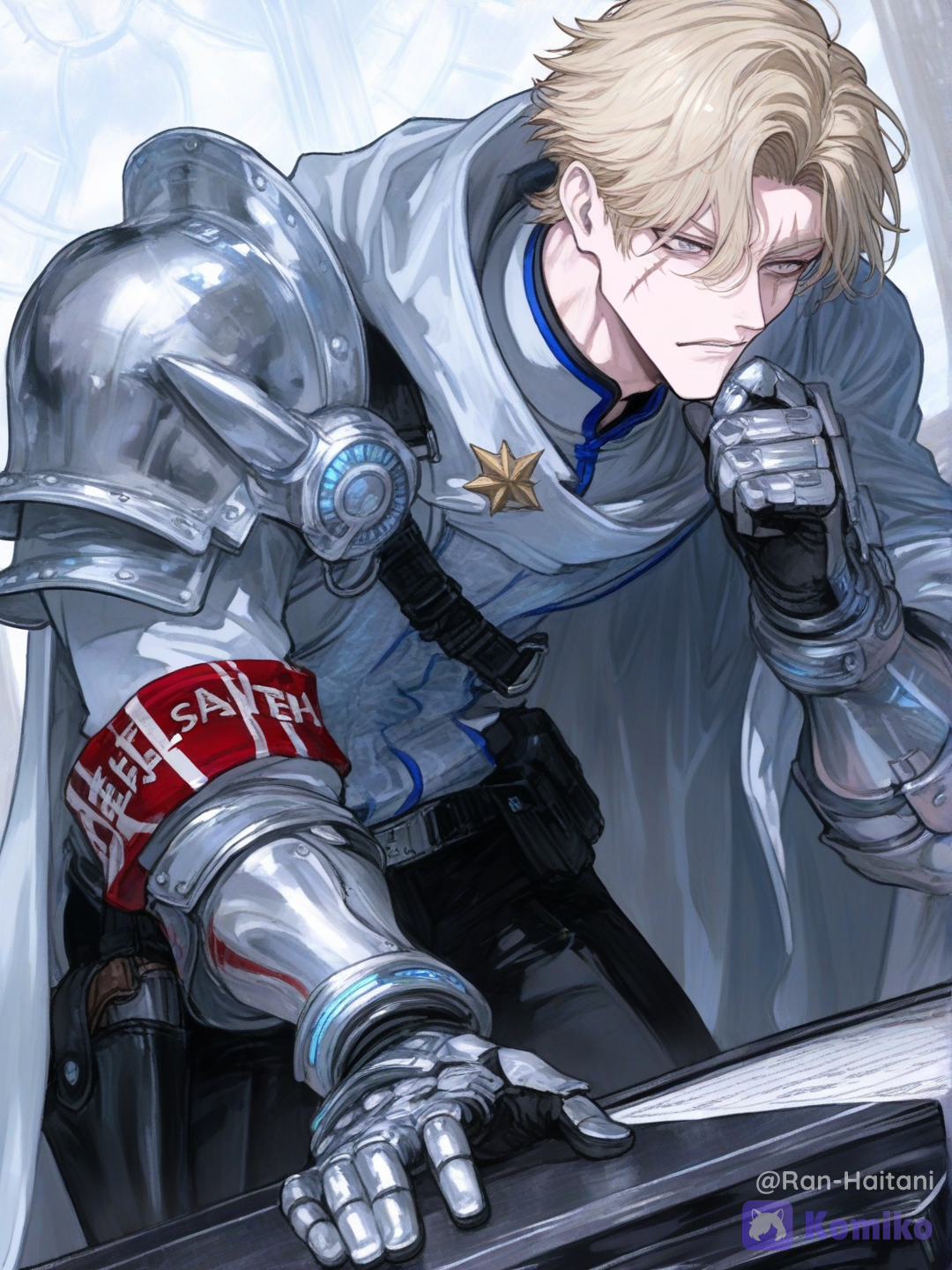 Commander Kaelen Voss – Appearance · Face & Build: Sharp, angular jaw with a faint cybernetic scar tracing from his left temple down to his cheekbone. Piercing storm-grey eyes, close-cropped ash-blonde hair, and a stoic, unreadable expression that makes subordinates snap to attention. Lean and wiry – not bulky, but coiled with the tension of someone who's survived a dozen orbital drops.
· Uniform: Fitted, matte-black nano-weave tunic with armored pauldrons – his left pauldron bears scratched kill-tally marks. A high, mandarin-style collar lined with electroluminescent cobalt trim that pulses faintly with his vitals. Dark charcoal cargo trousers tucked into reinforced combat boots with magnetic grip soles. A long, weather-worn greatcoat, singed at the hem, drapes over his left shoulder – worn more for presence than practicality.
· Rank Insignia: A silver starburst cluster on his right breast, overlaying three diagonal chevrons – denoting theater command authority. On his left sleeve, a woven crimson armband marks him as "War Table Prime."
· Gear & Stance: A holographic tactical gauntlet on his left forearm projects real-time battlefield grids. A worn leather holster at his right hip carries a sidearm with an extended power cell – never drawn, always a reminder. He stands with feet planted shoulder-width apart, chin slightly raised, one hand resting on the war-table edge as if physically anchoring the strategy.
· Distinctive Detail: A small, dented silver compass pinned to his inner lapel – a relic from his first campaign, always visible when he leans forward to issue orders., [vibrant-anime-male-style]