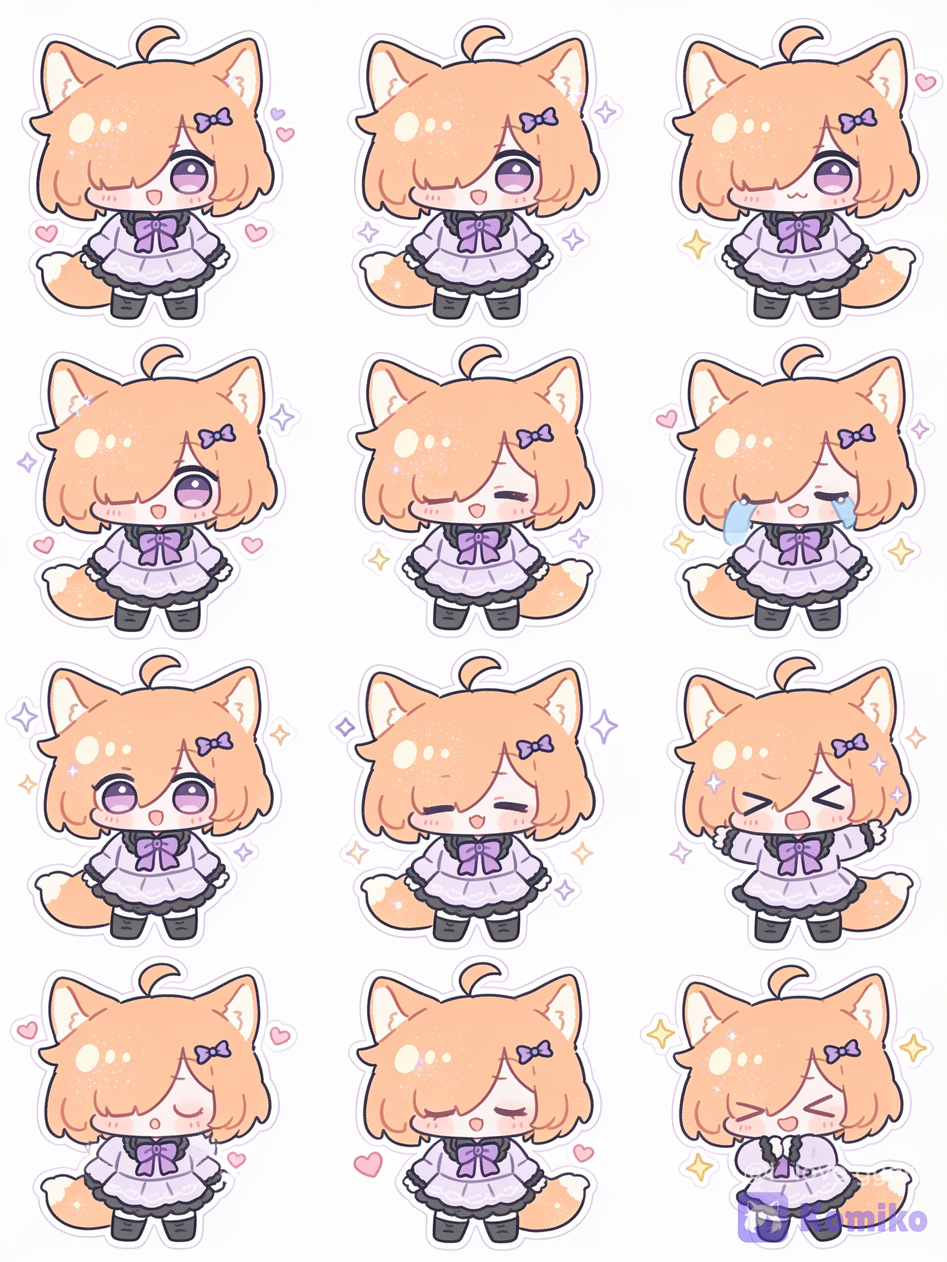 @Komiko_Chan Create a super cute and expressive chibi animal character sticker pack with a soft pastel color palette and sparkly accents. The character should have big shiny eyes, fluffy details, and a unique accessory (like a bow or charm) to make it recognizable. Include a variety of fun emotions and reactions such as: happy, excited, shy, crying, laughing (LOL), surprised, angry-cute, and sleepy. Add small decorative elements like hearts, stars, and glitter effects around each sticker. The style should be clean, bright, and highly polished so it looks official and eye-catching, with smooth outlines and vibrant but soft colors that pop on any background.