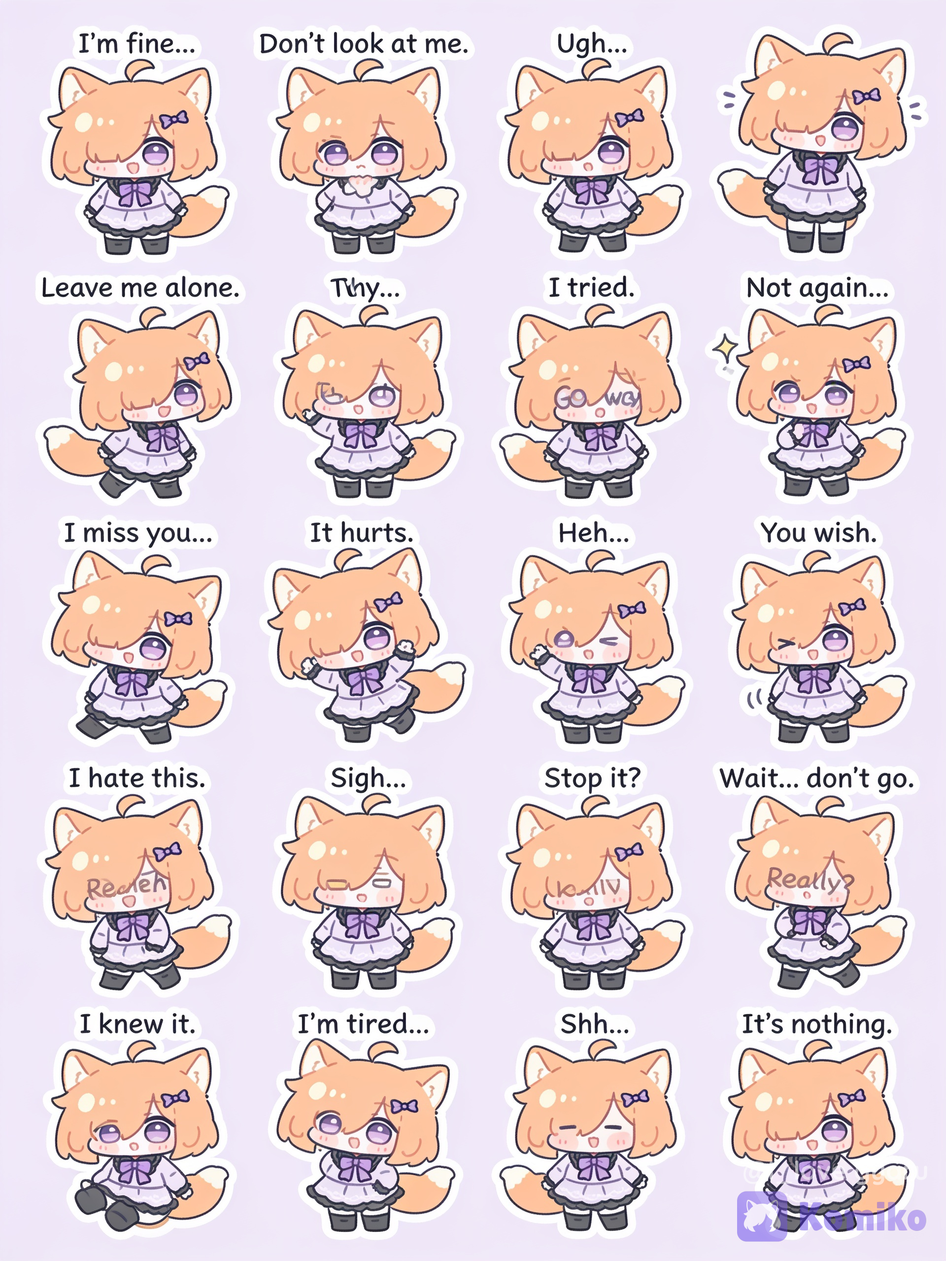 komiko-stickers, @Komiko_Chan @Komiko_Chan I’m fine... Don’t look at me. Ugh... Leave me alone. Why… Whatever. Tch. I tried. Not again… Go away. I miss you… It hurts. Heh… You wish. Nope. Stop it. Wait… don’t go. I hate this. Sigh… Really? I knew it. Too late. I’m tired… Shh… It’s nothing. Sticker sheet labeled
