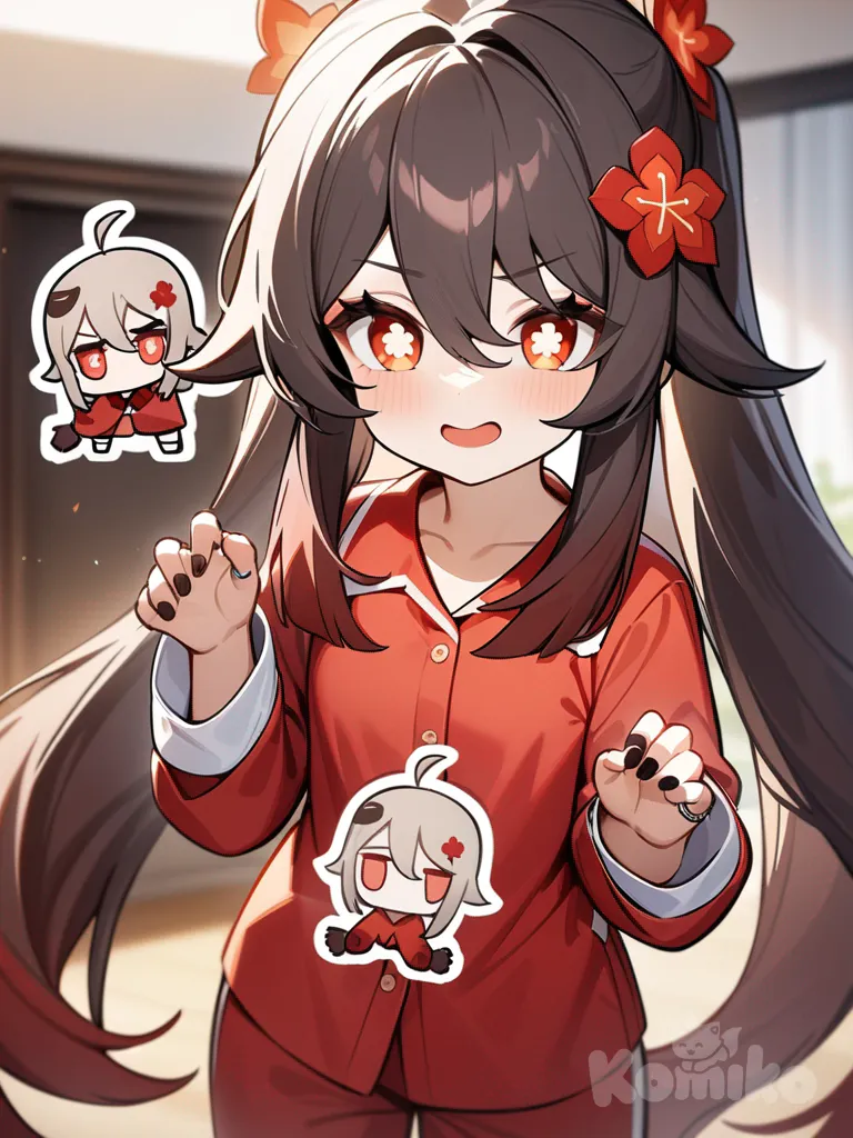 Hu Tao (Genshin Impact), 1girls ,Stand up straight , pajamas , chibi