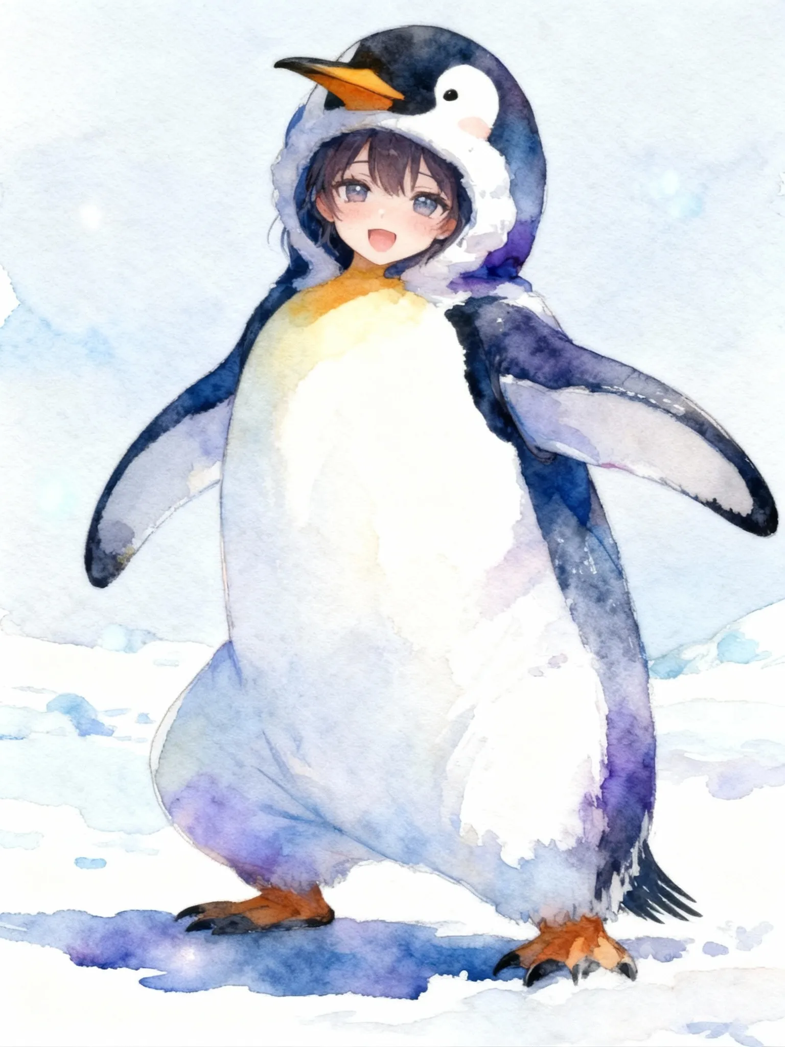 full body, Emperor Penguin, [watercolor-illustration-style]