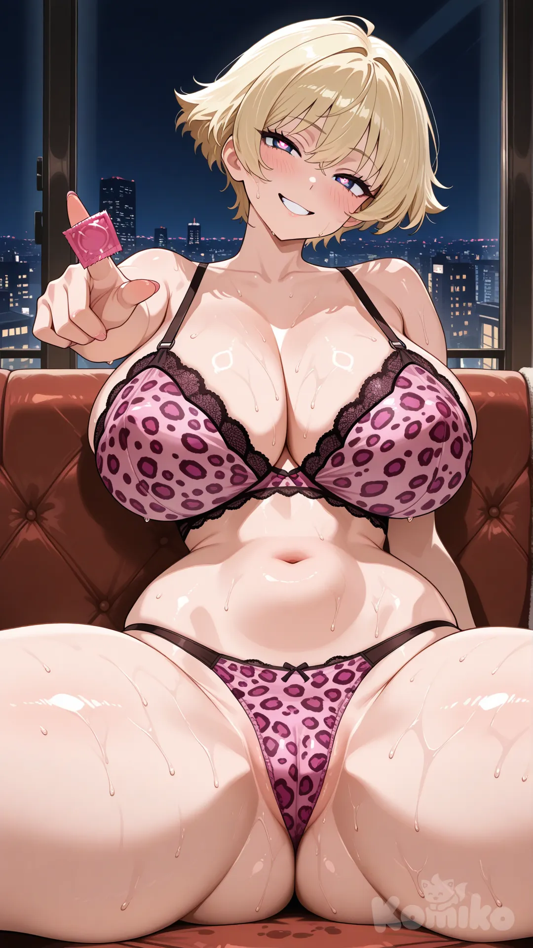 mujer voluptuosa , tetas gigantes . trasero gigante, muslos grandes . caderas anchas, cintura delgada , usando lencería leopardo rosa, sentada en el sofa. un condón nuevo en la mano sin usar, piel sudada.piel mojada,pezones marcados en el bra,pezones cubiertos por el bra,bra translúcido, en el recibidor de la casa, pointing at viewer, head tilt, city lights, smile, evil smile, happy, nervous, seductive smile, pupilas en forma de corazón, piernas abiertas, vagina marcada en la tanga, 1girl, street fighter, Akira Kazama