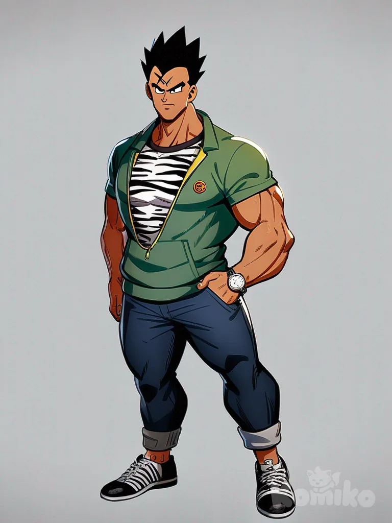 1boy, Dragon Ball style, Naruto style, One Piece style, original character, teenager, mature, athletic, scrawny, muscular, black hair, braids, brown eyes, scar, dark skin, t-shirt, hoodie, polo shirt, school vest, jeans, zebra print, mechanical watch, digital watch, single character, full body, looking at viewer, anime style, simple background, white background