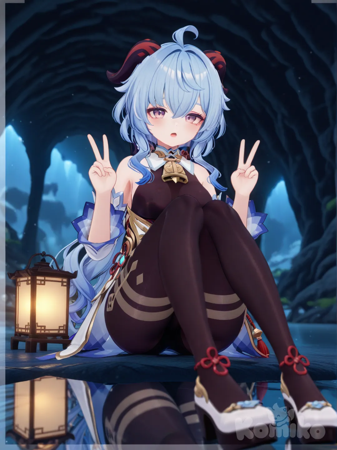 @Ganyu_(Genshin_Impact), v sign, [3d-anime-style], sitting on lap, open mouth, full body, side light, cave