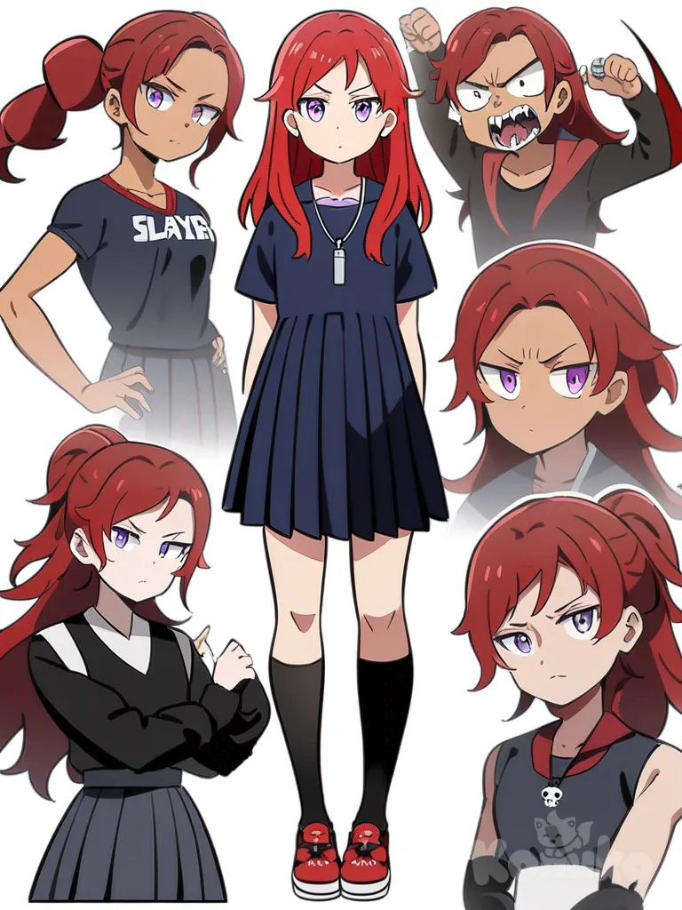 1girl, teenager, fair skin, tall, athletic, long red hair, purple eyes, wearing school necklace, pleated skirt, t-shirt, evening dress, knee-high socks, Slayer style, original character in the world of Slayer, school setting, demon, single character, full body, looking at viewer, anime style, simple background, white background