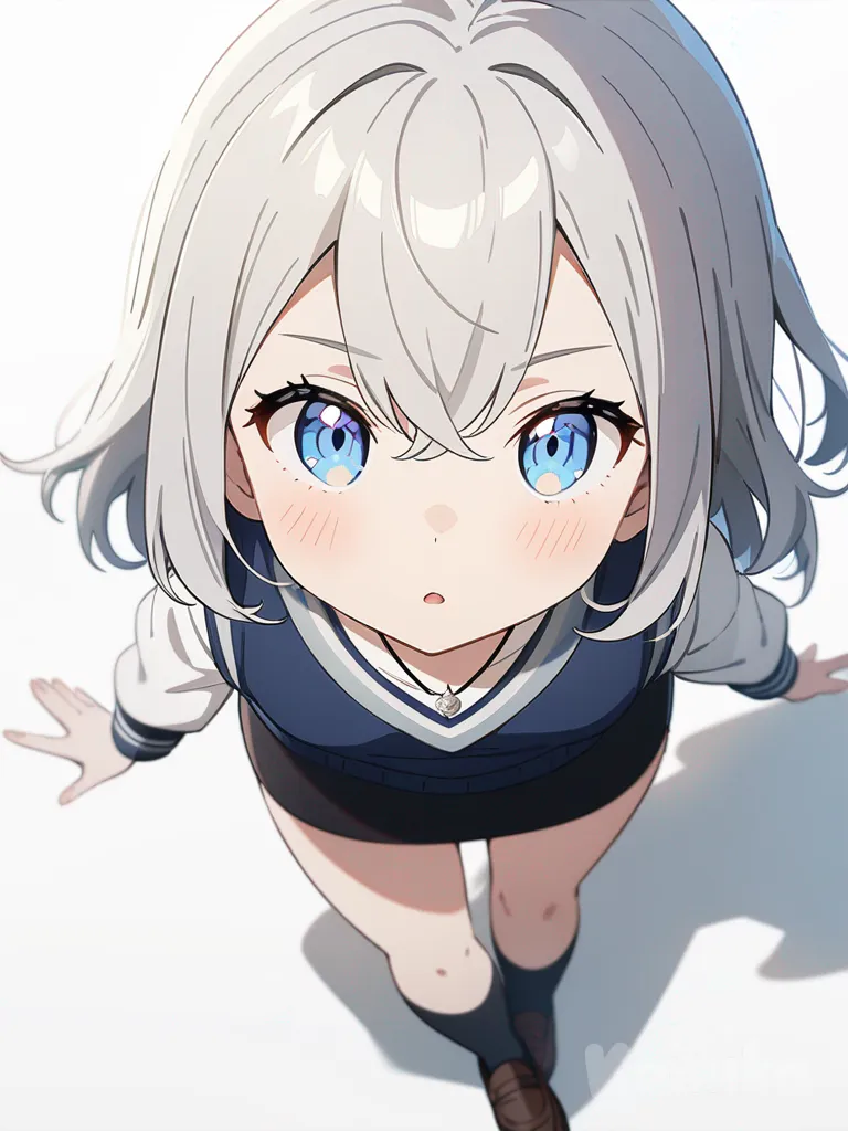 1girl, teenager, petite, silver hair, blue eyes, fair skin, school vest, pencil skirt, school uniform, necklace, single character, full body, looking at viewer, anime style, simple background, white background