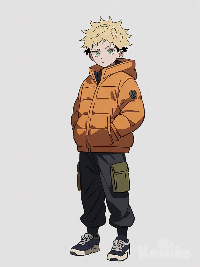 1boy, child, athletic, short, short hair, blonde hair, green eyes, fair skin, hoodie, cargo pants, down jacket, anime coloring, Jujutsu Kaisen style, original character in the world of Jujutsu Kaisen, single character, full body, looking at viewer, anime style, simple background, white background