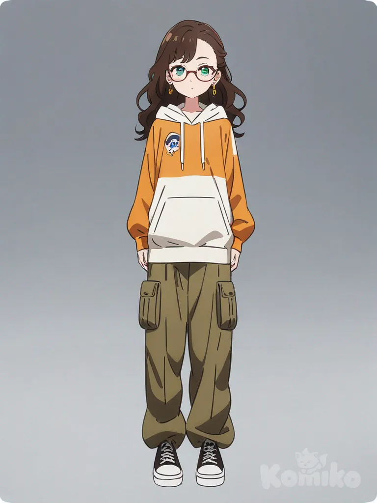 1girl, anime coloring, teenager, tall, petite, brown hair, long, wavy hair, green eyes, fair skin, hoodie, cargo pants, evening dress, earrings, glasses, single character, full body, looking at viewer, anime style, simple background, white background