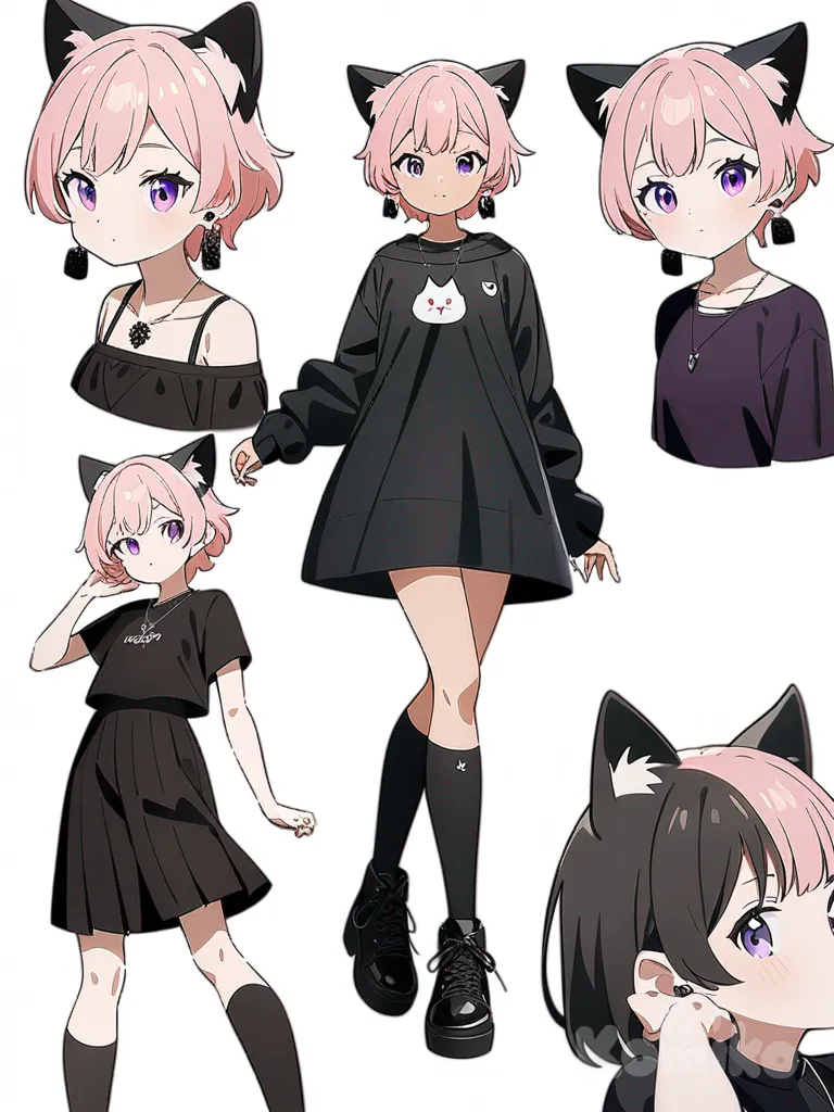 1girl, teenager, tall, petite, pink hair, short hair, purple eyes, fair skin, t-shirt, casual pants, little black dress, cat ears, earrings, necklace, knee-high socks, single character, full body, looking at viewer, anime style, simple background, white background