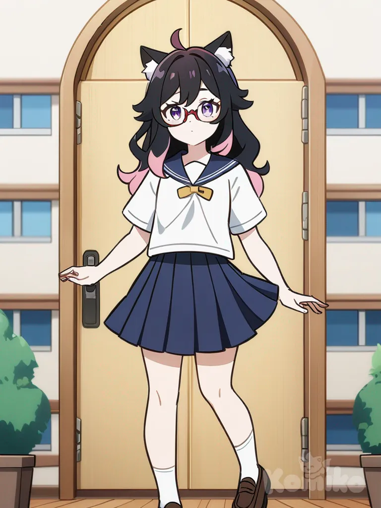 1girl, anime coloring, Genshin Impact style, original character in the world of Genshin Impact, teenager, tall, petite, pink hair, black hair, purple eyes, fair skin, t-shirt, pleated skirt, school uniform, glasses, cat ears, long hair, wavy hair, single character, full body, looking at viewer, anime style, simple background, white background