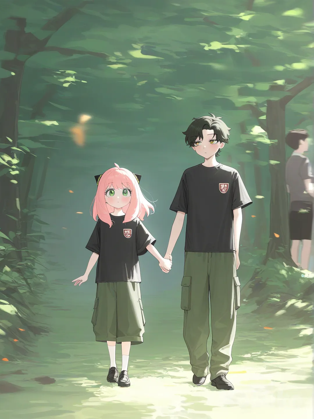 1boy and 1girl, 2people, Anya (Spy X Family), Damian Desmond, [vibrant-anime-style], holding hands, blush, tall, t-shirt, cargo pants, school uniform, forest