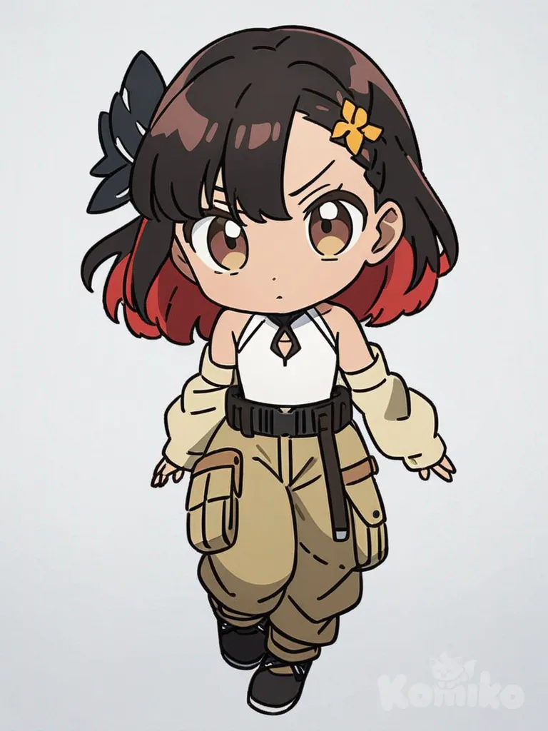 1girl, anime coloring, teenager, tall, petite, high leg leotard, detached sleeves, cargo pants, black hair, red hair, brown eyes, fair skin, hair accessory, single character, full body, looking at viewer, anime style, simple background, white background